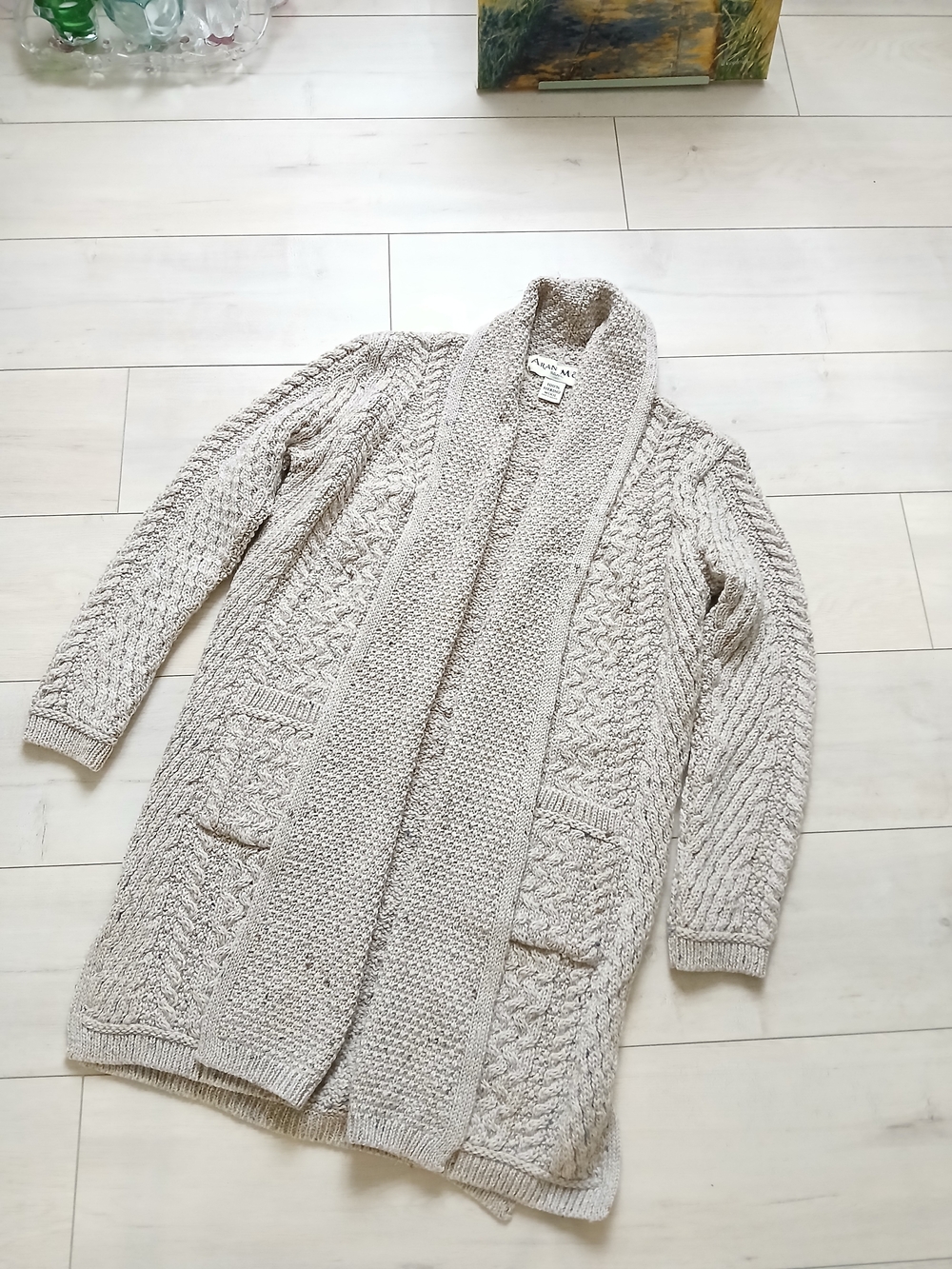 Aran Mor Ireland Cardigan Sweater,  Womens, S-M-L, Beige/Grey, Wool,Cable Knit